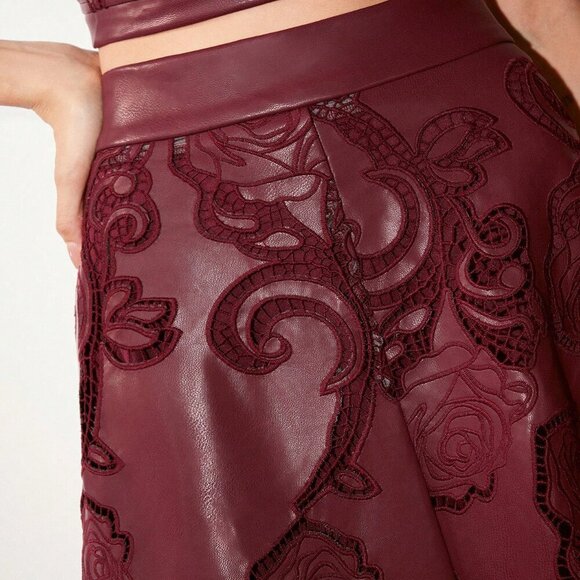 Burgundy Elegant Women's Faux Leather Embroidered High Waist A-Line maxi Skirt - Picture 4 of 7